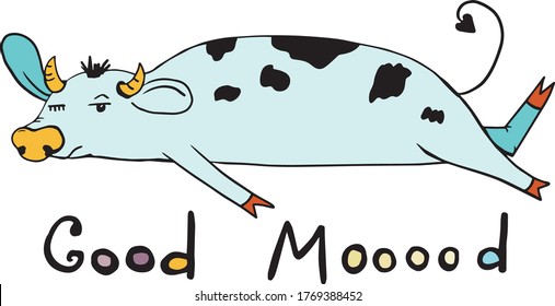 cow vector illustration sketch doodle hand drawn with black lines isolated on white background. The cow is tired, the cow lies and sleeps. Farm concept. Good Mood cow.