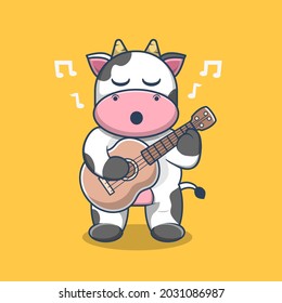 Cow vector Playing Guitar and Singing cartoon illustration. Animal Music Themed Icon Illustration. Cow Cartoon Flat Design Style. Good For Guitarist Mascot, Farm Icon, Emoticon, Sticker.