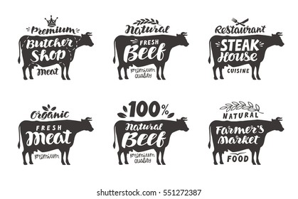 Cow. Vector set food labels, badges and icons. Lettering butcher shop, beef, steak house, meat, farmer's market