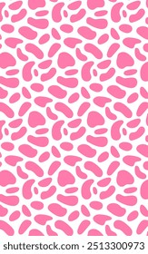 Estética de patrón sin fisuras de Vertical de vaca. Fondo moderno rosa y blanco. Textura de piel animal con manchas. Diseño de Vector.