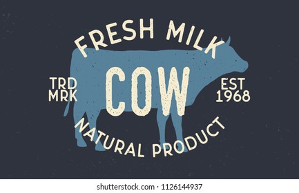 Cow - vintage logo concept. Fresh milk emblem. Cow silhouette. Vintage poster. Logo Template. Vector illustration