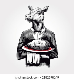 cow waiter. funny image with a bit of black humor, where we see a waitress cow serving a human head, ideal to give to our vegetarian or vegan friends, or simply take it yourself.
