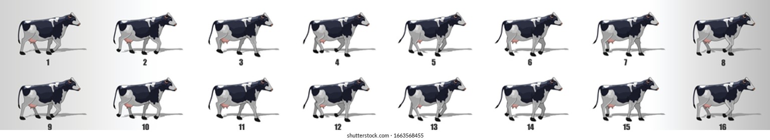 Cow Walk Cycle Animation Frames, Loop Animation Sequence Sprite Sheet 