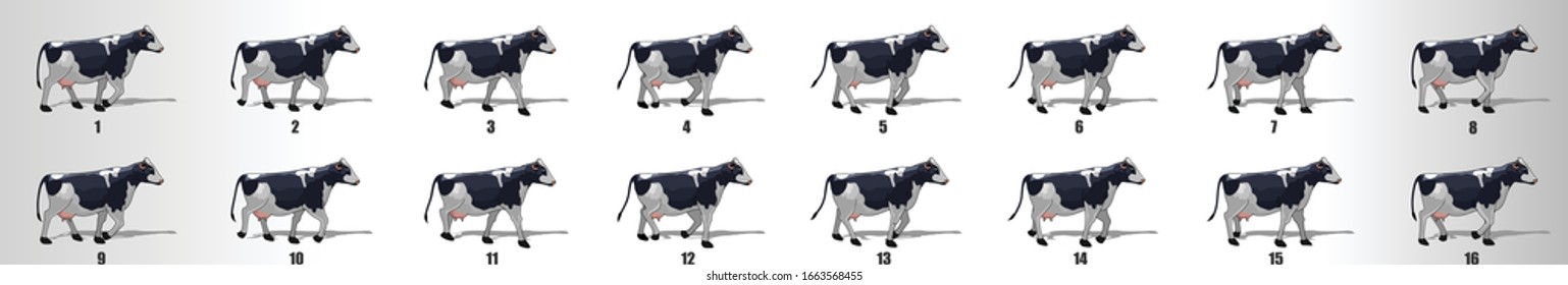 Cow walk cycle animation frames, loop animation sequence sprite sheet 