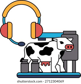 Uma vaca está andando na frente de uma máquina com um microfone. A vaca está rodeada por várias jarras de leite