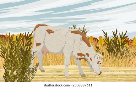 Vaca caminando por la carretera. Animales de granja y de granja en otoño. Paisaje de Vector realista