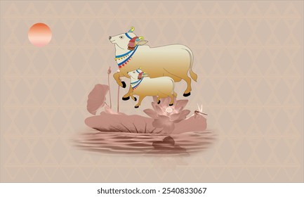 Diseño de la salida del sol de la naturaleza del Fondo de pantalla de la vaca