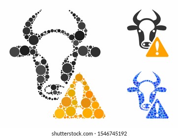 Cow warning composition of circle elements in various sizes and color tinges, based on cow warning icon. Vector circle elements are grouped into blue collage.