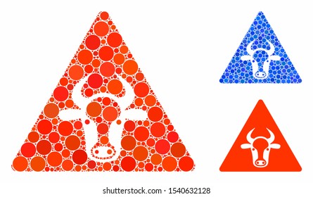 Cow warning composition of filled circles in variable sizes and color tinges, based on cow warning icon. Vector random circles are united into blue composition.
