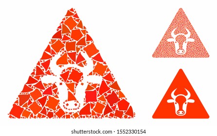 Cow warning composition of irregular pieces in variable sizes and color tinges, based on cow warning icon. Vector irregular pieces are united into mosaic.