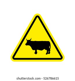 Cow Warning sign yellow. Farm Hazard attention symbol. Danger road sign triangle cattle
