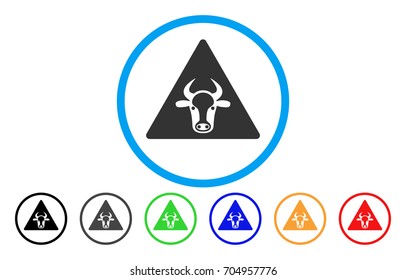 Cow Warning vector rounded icon. Image style is a flat gray icon symbol inside a blue circle. Additional color variants are gray, black, blue, green, red, orange.