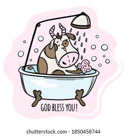 COW IS WASHED IN BATH New Year Merry Christmas Cartoon Holiday Vacation Cute Animal Hand Drawn Clip Art Vector Illustration Set For Print