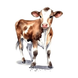 Cow Watercolor Tender Warm Colors, Appeasement, Pasture, White, Brown, Full Height, Nature, Farm, Agriculture, Village, Farmer, Care, Milk. Animals Concept. Vector Illustration.