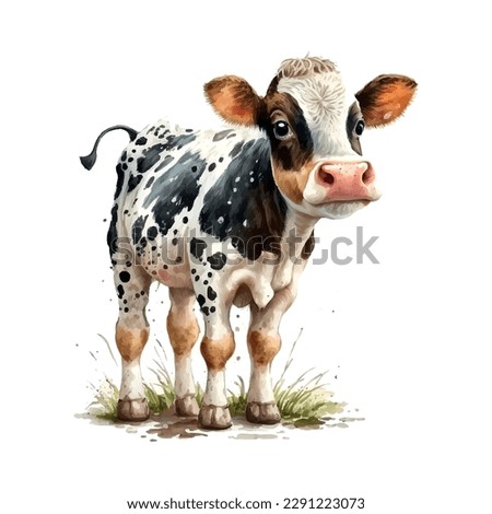 Cow watercolor tender warm colors, appeasement, pasture, white, brown, full height, nature, farm, agriculture, village, farmer, care, milk. Animals concept. Vector illustration. Foto stock © 