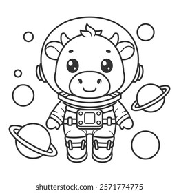 Cow wearing an astronaut suit floating in outer space for coloring