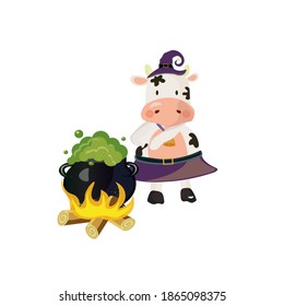 A cow wearing halloween costume and cooking a potion. Vector illustration.