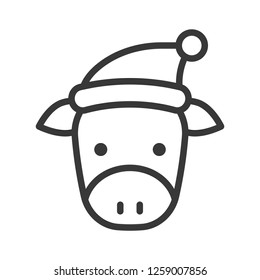 cow wearing santa hat outline icon editable stroke