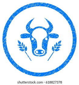 Cow And Wheat Agriculture grainy textured icon inside circle for overlay watermark stamps. Flat symbol with unclean texture. Circled vector blue rubber seal stamp with grunge design.