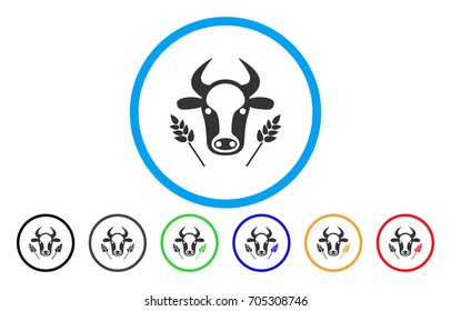 Cow And Wheat Agriculture vector rounded icon. Image style is a flat gray icon symbol inside a blue circle. Bonus color versions are grey, black, blue, green, red, orange.