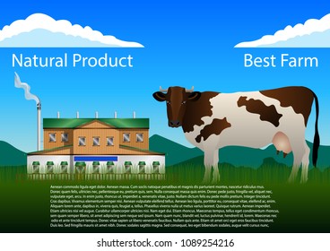 Cow, white with brown spots, grazing in a meadow near the farm. Blue sky with clouds and mountains on the horizon. Vector, Illustration