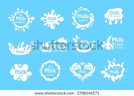 Cow white milk splashes with letters. Milk silhouette flows Isolated white fresh farm goat milks logos. White milk splash drops labels with lettering. Fresh, 100% natural