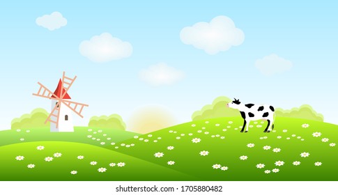 Cow and windmill on a green hill with grass, daisies. Vector illustration.