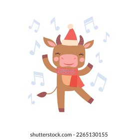 Cow at winter with notes. Cute character in warm red scarf and hat dancing. Animal and mammal enjoy music. New Year and Christmas. Invitation and greeting card design. Cartoon flat vector illustration