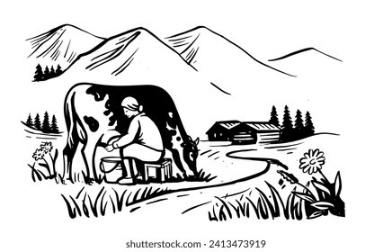 Cow and woman milking. Cattle concept sketch farmer