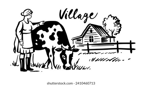 Cow and woman in village. Cattle concept sketch farmer