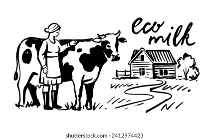 Cow and woman in village. Cattle concept sketch farmer