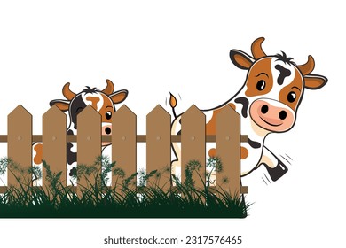 Cow with wood fence flat cartoon style, mascot logo, design for badge, emblem, or printing, pet logo design,  vector illustration 