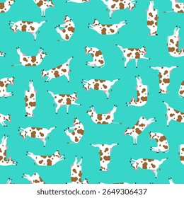 Cow yoga pattern seamless. Rural yogi background. Cows doing relaxing gymnastics texture. Cattle relax ornament