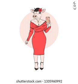 Cow zodiac sign. Chinese animal feminine horoscope. Anthropomorphic mascot character. Chinese New Year