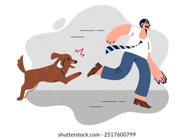 Cowardly man runs away from evil dog, escaping problems and fearing contracting rabies. Angry dog chases guy who entered protected area to commit robbery or steal business documents