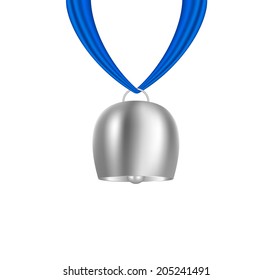 Cowbell hanging on blue piece of cloth