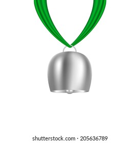 Cowbell hanging on green piece of cloth