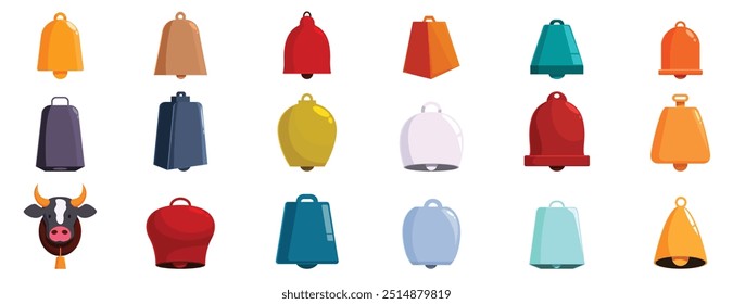 Cowbell-Symbole gesetzt. Set bunter Kuhglocken in verschiedenen Formen und Größen, einzeln auf weißem Hintergrund