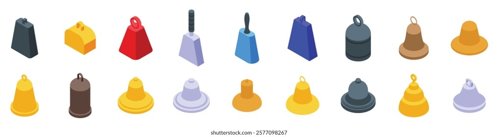 Cowbell icons set. Cowbells icons set showcasing various styles and colors, ideal for representing farm animals, music, or alarms