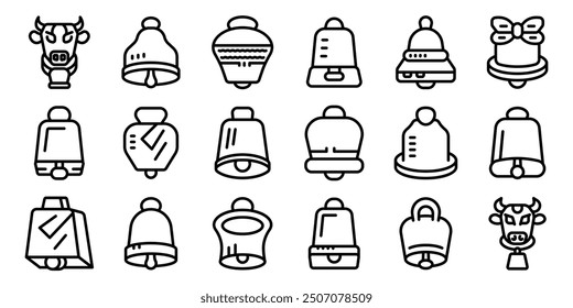 Cowbell icons set. Line art icon set representing different styles of bells, including cowbells, christmas bells, and handbells