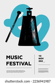 Cowbell. Afiche del festival de música. Instrumentos musicales de percusión. Competencia. Un conjunto de ilustraciones vectoriales. Diseño minimalista. Cartel, volante, portada, impresión.