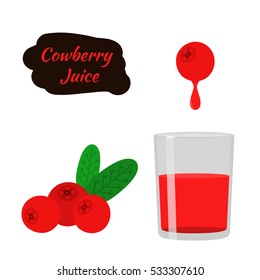 Cowberry, Lingonberry In Flat Vector Style. Sweet Red Forest Berry. Berry Juice. Cranberry.