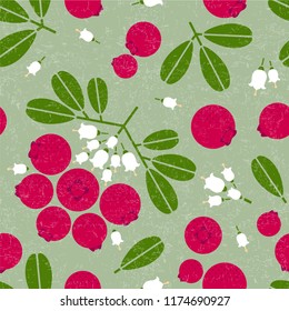 Cowberry seamless pattern. Black currant with leaves and flowers on shabby background. Original simple flat illustration. Shabby style.
