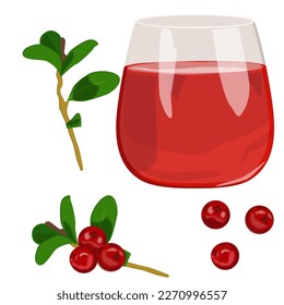 Cowberry, sprig with green leaves and tiered berries, transparent glass with red juice