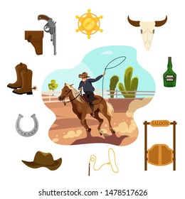 Cowboy accessories flat vector illustrations set. Cartoon man on horseback with lasso rope isolated character. Wild west, american life symbols. Cowboy clothes, boots. Sheriffs gun and badge