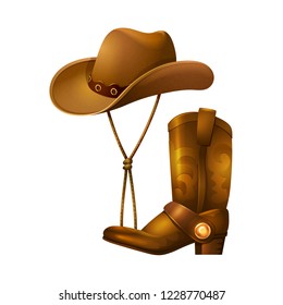 Cowboy accessories in the form of a hat and leather boots. Cowboy clothes in the wild west. Stylish wardrobe items to maintain the style and image. Vector illustration.