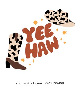 Accesorios de vaquero y letras groovy yehaw. Ilustración plana vectorial sobre fondo aislado. sombrero de vaca y botas con huella de vaca