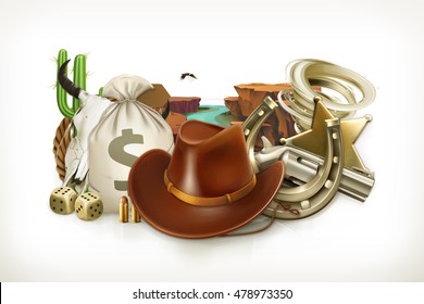 Cowboy Adventure. Game logo. Western retro style. 3d vector emblem