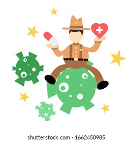 cowboy america cure medicine corona virus pathogen cartoon doodle flat design style vector illustration