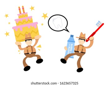 cowboy america and dental care stop eat candy cartoon doodle flat design style vector illustration